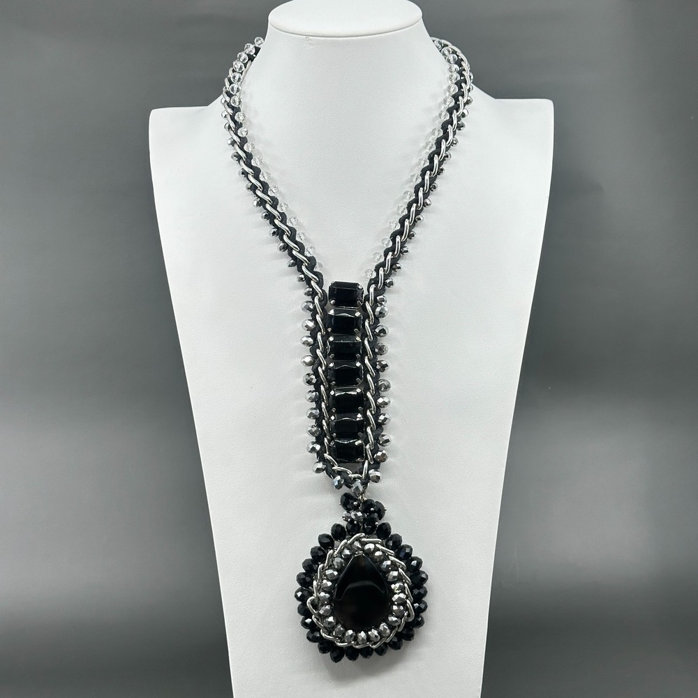 Black Beaded Teardrop Pendant Chain Statement Necklace Silver Tone Gothic Chunky